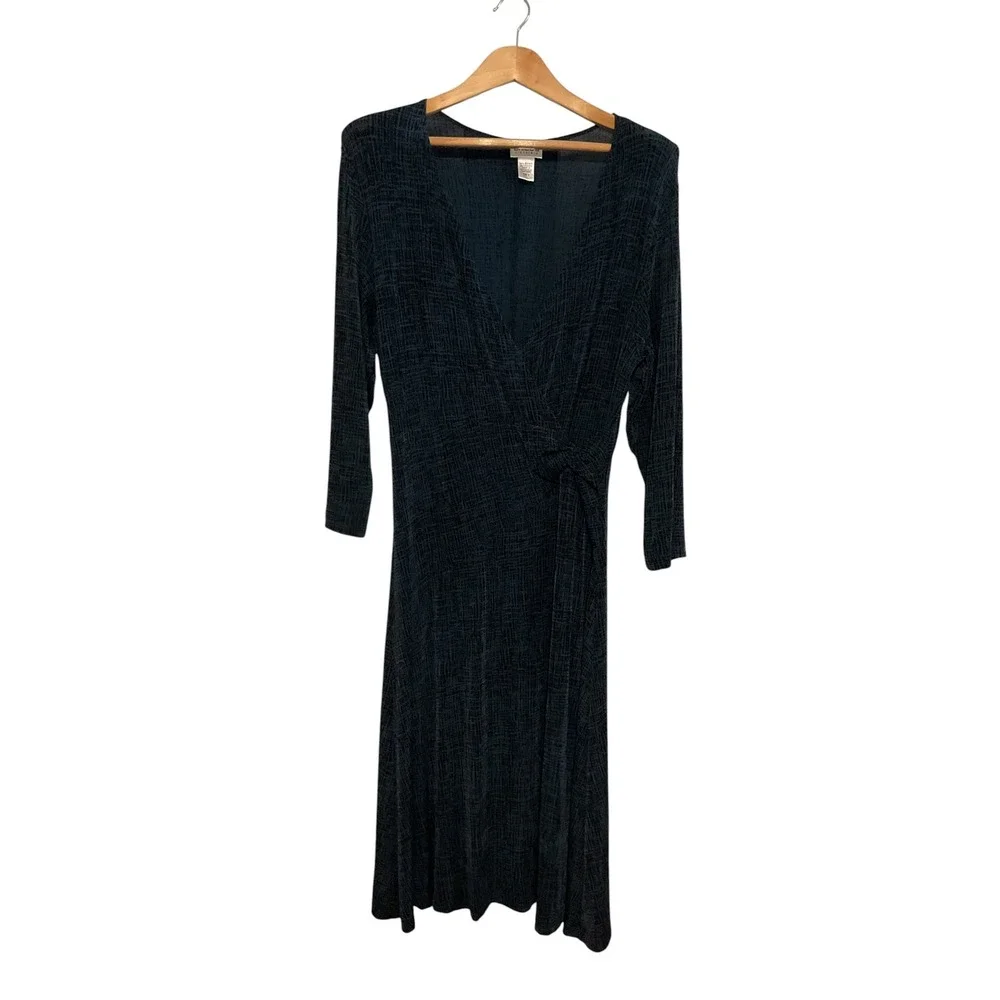 Chicos Travelers Teal Black Faux Wrap Midi Dress 3/4 Sleeve Size 2 Large - Picture 2 of 8